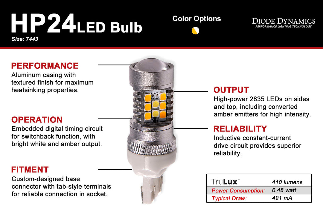 7443 LED Bulb HP24 Dual-Color Switchback Diode Dynamics-