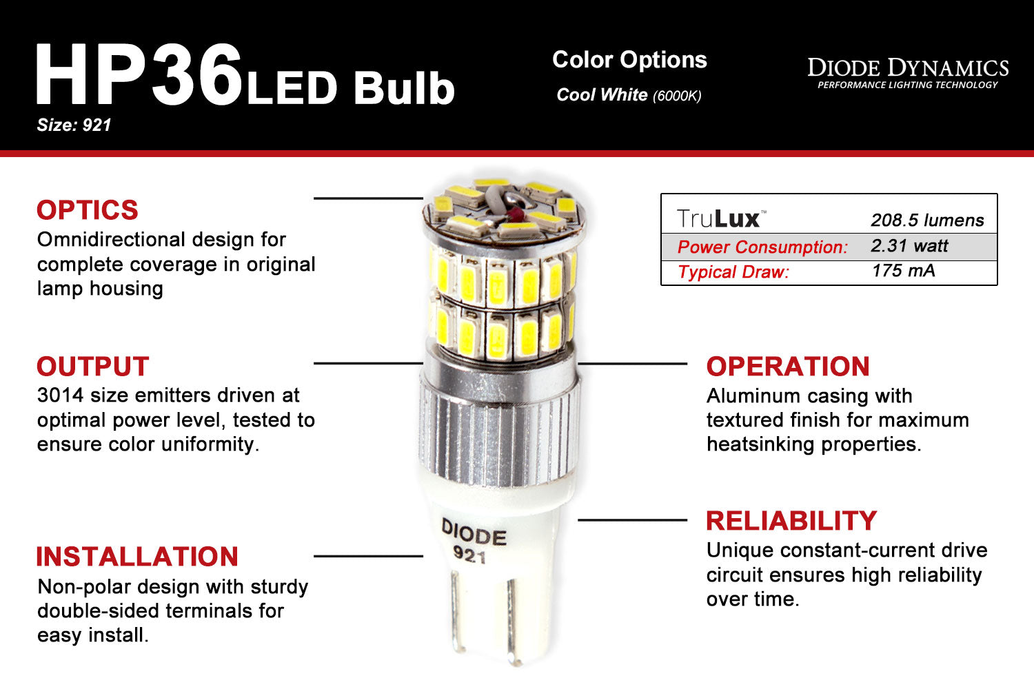 921 LED Bulb HP36 Cool White Diode Dynamics-