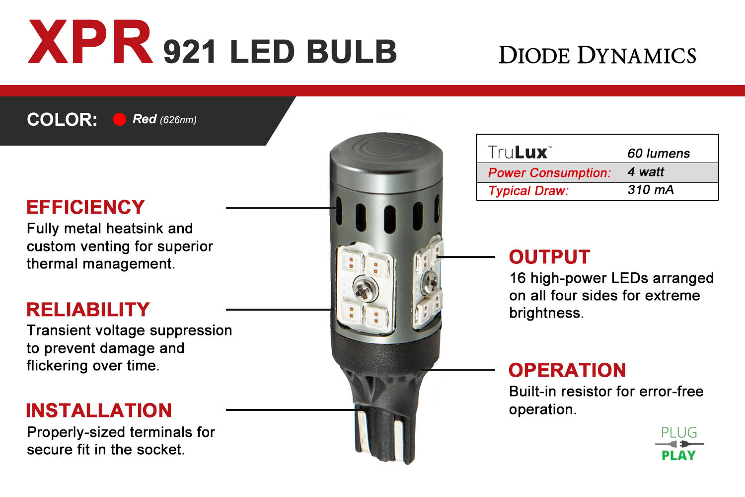 921 XPR LED Bulb Red Diode Dynamics-