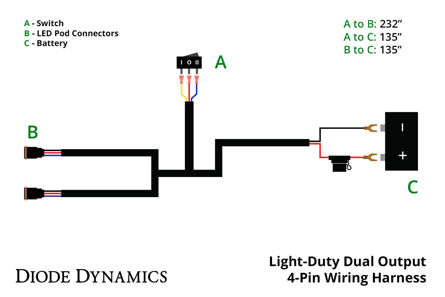 Light Duty Dual Output 3-way 4-pin Wiring Harness (With Backlight)-dd4092